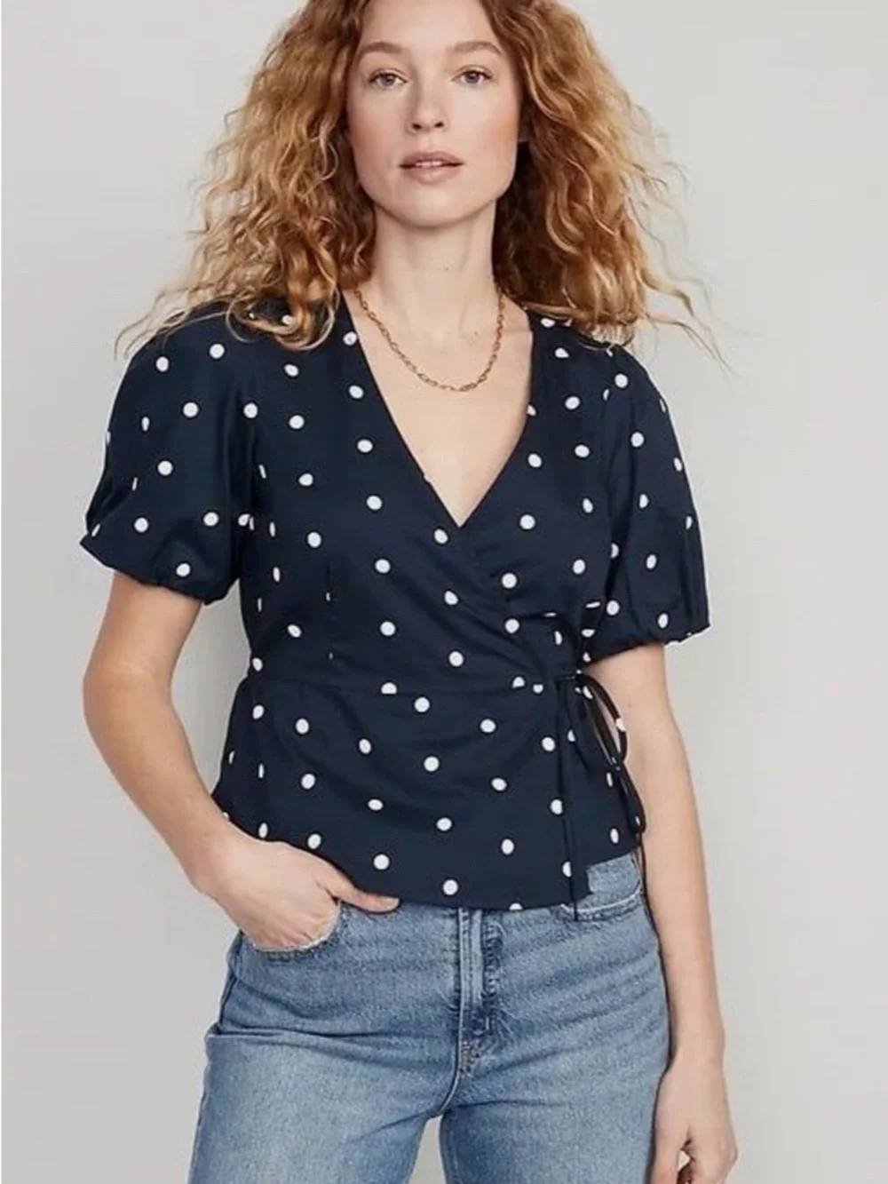 Old Navy Navy and White Polka Dot Wrap Blouse